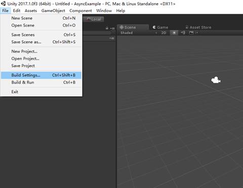 计算机生成了可选文字: unity 20170 ℃ f 彐 〔 545 - Untitled - AsyncExample PC, Mac & Linux Standalone < OXI 1 > File Edit Assets GameObJect Component Window Help New Scene Open Scene Save Scenes Save Scene as … New Projectm Open Projectm Save Project Build Settingsm Build & Run Ctrl+N Ctrl+O *Scene Ctrl+S Ctrl+Shift+S Ctrl+Shift+B Ctrl+B 《 G m e Asset Store 