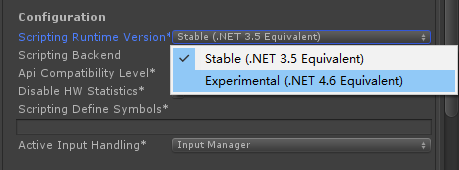 Configuration SCI'lptlng R 凵 Intl m V 「 引 0 n Scripting 巳 Ck e n d Api Compatibility Le V 引 D i S b H 喜 Statistics* Scripting D efi n e Symbols* Acti V e Input Handling* Sta b 门 ET 3 E q u 吲@nth Stable (.NET 3 巧 Equivalent 〕 Experimental (.NET 4 乇 Equivalent 