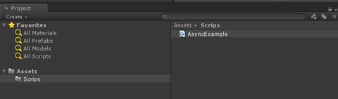 计算机生成了可选文字: Favorites Q All 卜 te 引 s 0 ． All prefabs 《 aAll Models 《 All Scripts · 0 Assets 0 Scrtps As 0t5 ． SC-rips 的 AsyncExample 