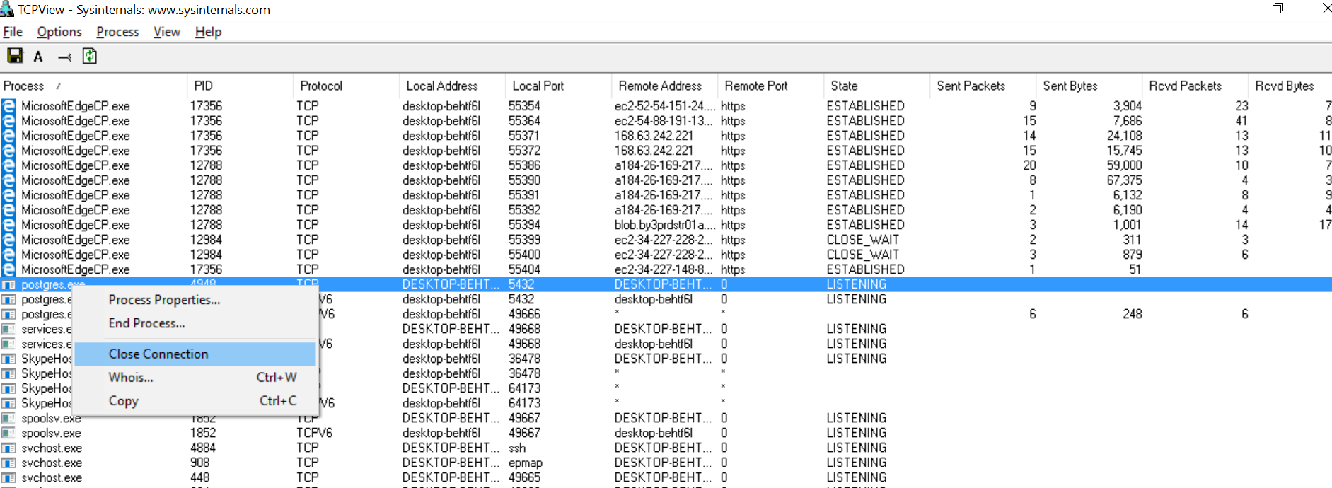 close a connection opened by a process