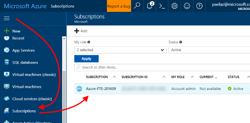 Locate subscription in Azure portal