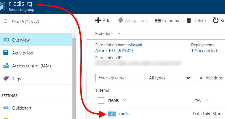 New resource group showing newly created ADLS account
