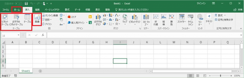 図 2. 既定の [挿入] タブのメニュー