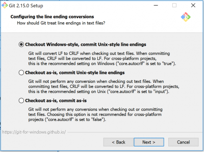 Line ending options of the Git installation