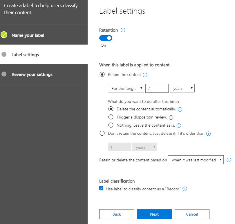 Detailed Retention settings