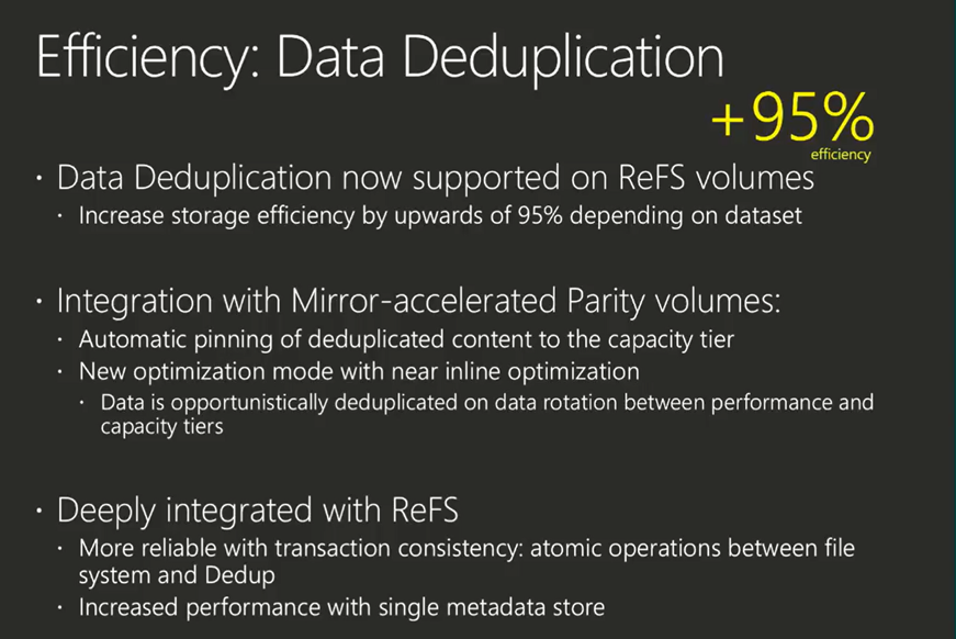 Data Deduplication slide descibing up to 95% increased efficency