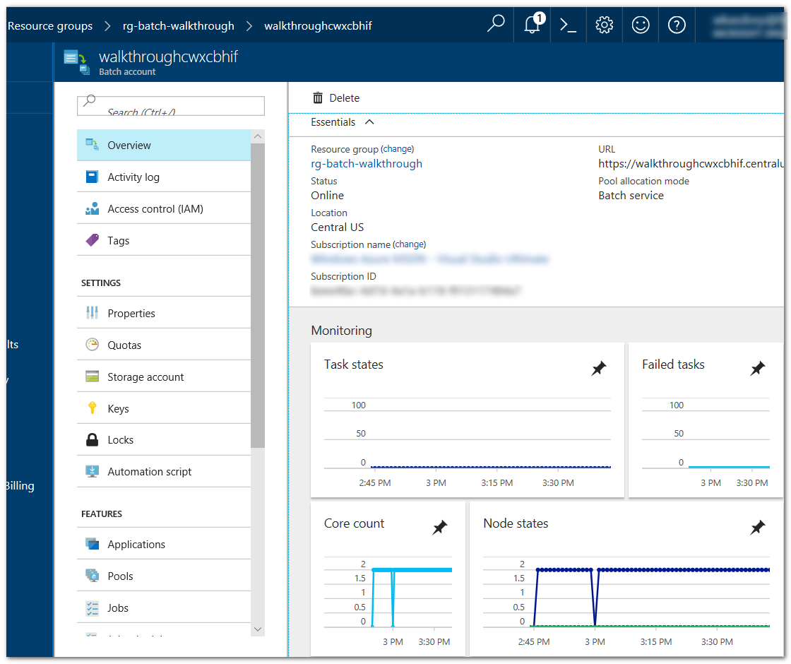 Azure Batch Account in the Portal