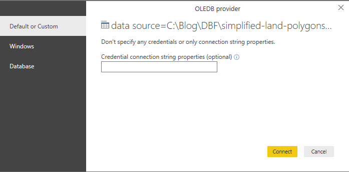 Default or custom credentials dialog in Power BI