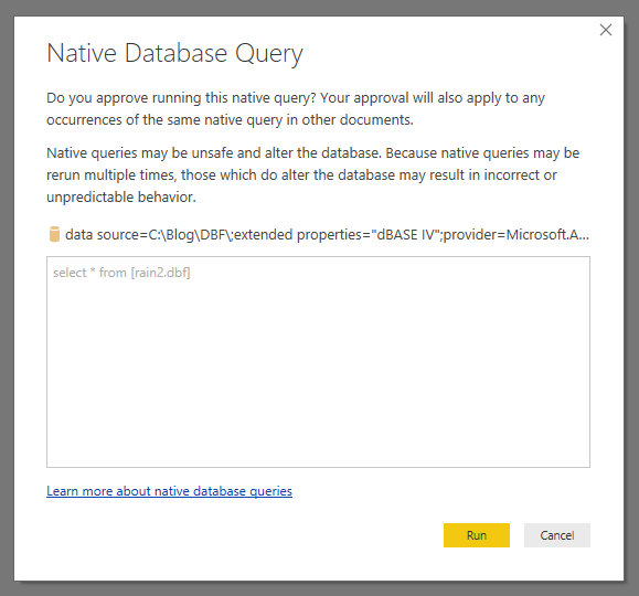 Native Database Query dialog in Power BI