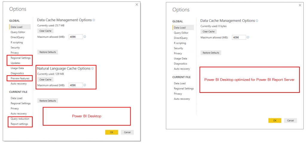 Power BI Desktop Options Menu