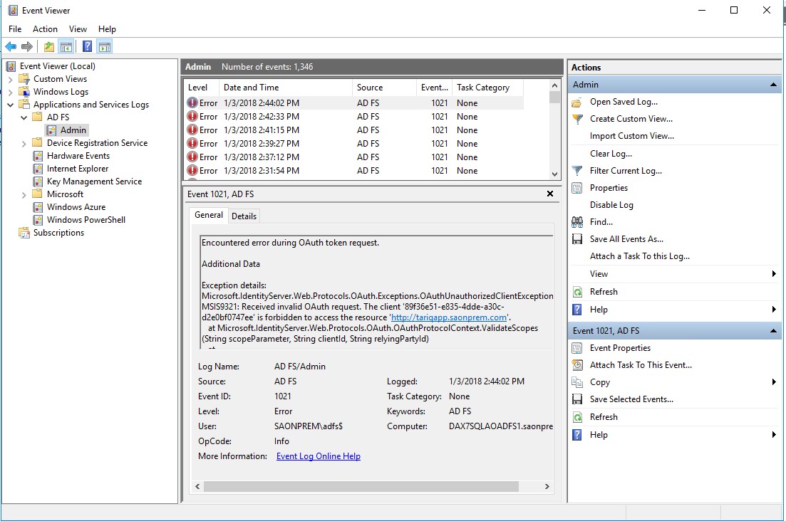 ADFS error log