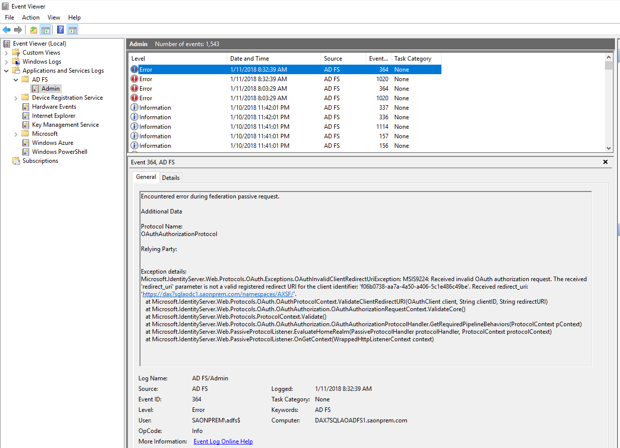 ADFS error example