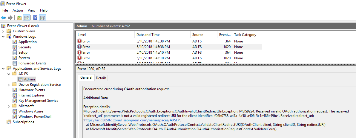 AD FS event log error