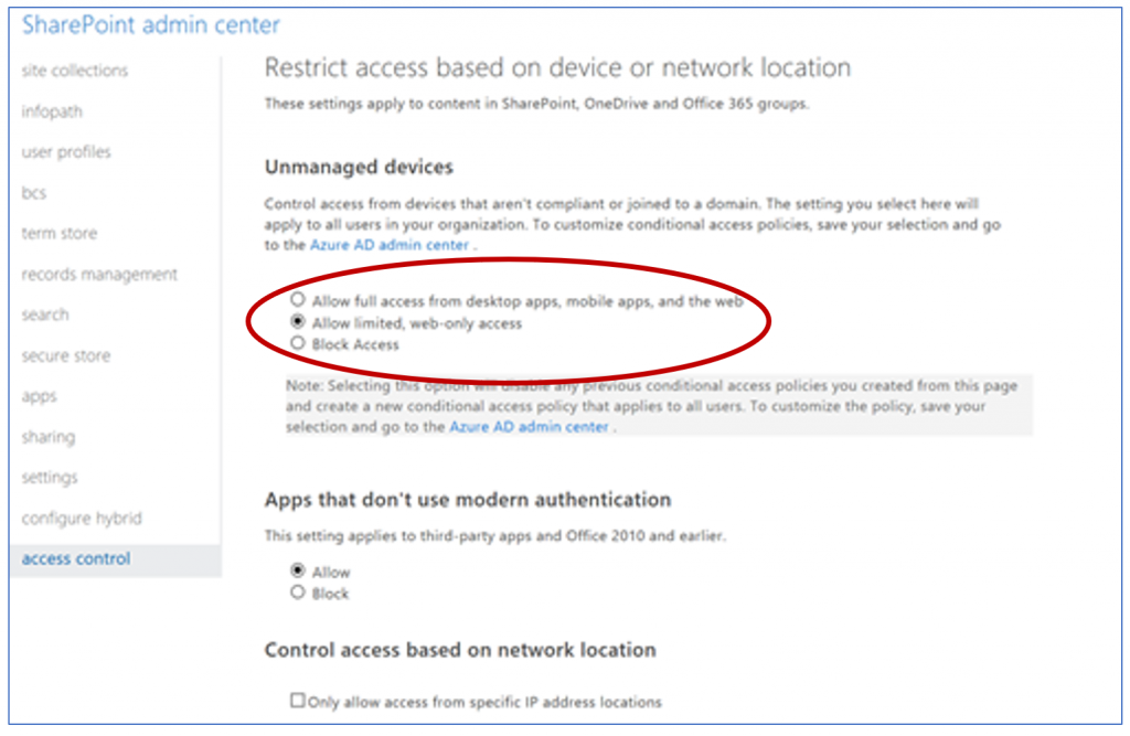 Screenshot of the access control policy in the SPO Admin Center