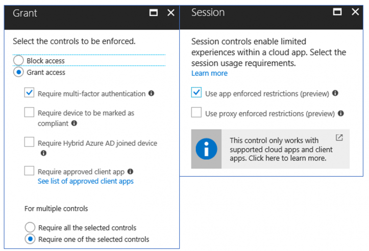 Screenshot of the controls in the CA policy for sharepoint sesion controls