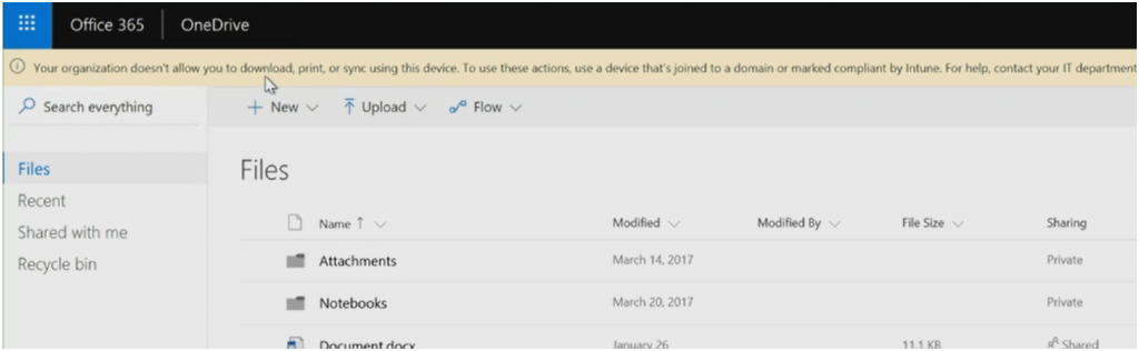 Screenshot of end user experience on an unamanged PC access SPO through the browser. the user gets a message that they can access/edit files but are prevented form downloading/printing/syncing