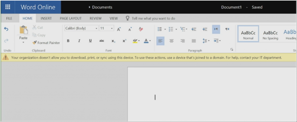 Screenshot of end user experience accessing word online (part of SPO) on an unmanaged PC. They can edit the doc but can't sync/download/print