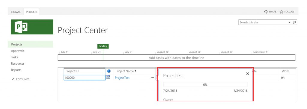 Project Online screenshot of a screen reader highlighting a table outline