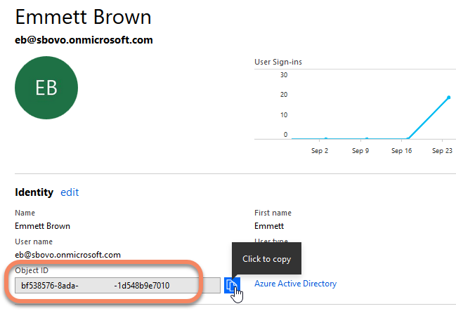 Object ID displayed in the Azure Portal