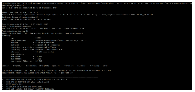 Figure 5. Transfer endpoint error during GlusterFS testing