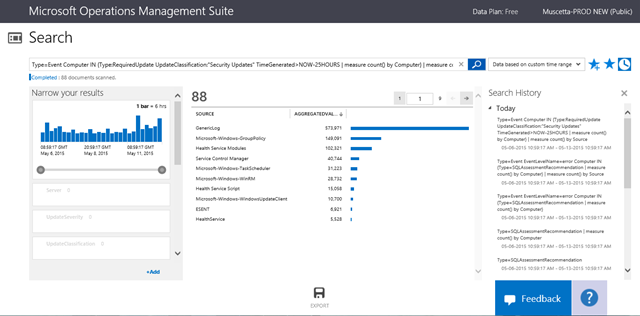 Type=Event Computer IN {Type:RequiredUpdate UpdateClassification:"Security Updates" TimeGenerated>NOW-25HOURS | measure count() by Computer} | measure count() by Source