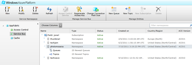 Service Bus endpoints shown in Windows Azure Portal