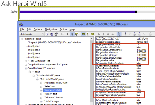 The Inspect tool showing that the slider supports the Range Value pattern, and also shows the values associated with the Range Value pattern.