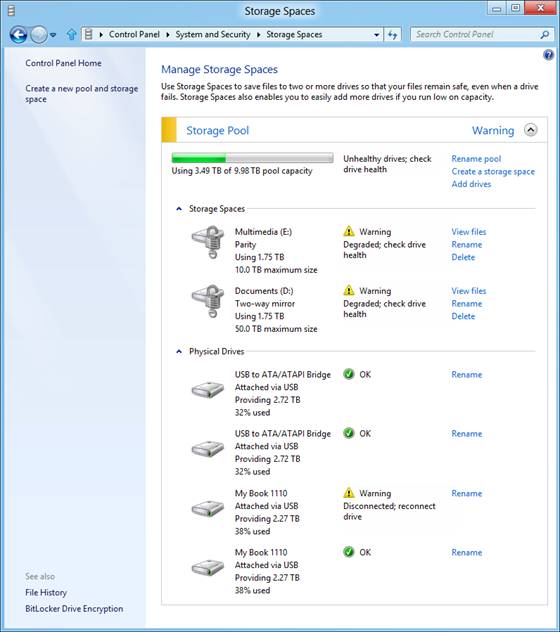 On a parity disk: "Degraded: check drive health"; On a two-way mirror disk: "Degraded: check drive health"; On one of 4 physical disks: "Disconnected: reconnect drive"