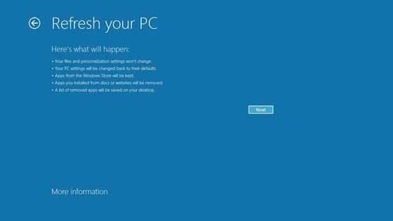 [Refresh your PC] (Обновление ПК). [Here's what will happen] (Вот, что происходит): [Your files and personalization settings won't change] (Ваши файлы и настройки не изменяются). [Your PC settings will be changed back to their defaults] (Восстанавливаются настройки компьютера по умолчанию). [Apps from Winodws Store will be kept] (Сохраняются приложения из магазина Windows). [All apps you installed from discs or websites will be removed] (Удаляются все приложения, установленные с дисков или веб-сайтов). [A list of removed apps will be saved on your desktop] (Список удаленных приложений сохраняется на рабочем столе). / Далее / Дополнительные сведения