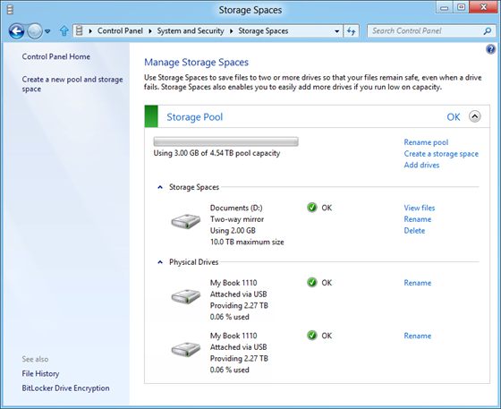 "Documents" no Storage Space (D:), espelho bilateral, usando 2 GB, tamanho máximo de 10 TB