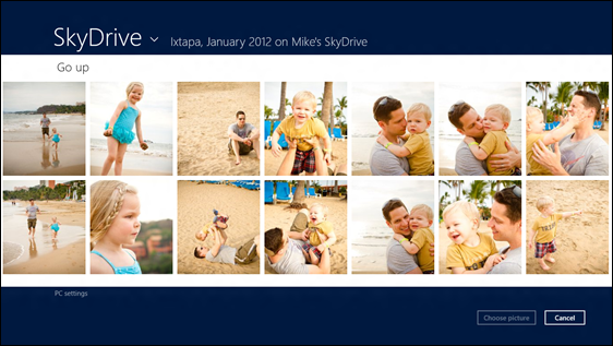 아빠와 자녀의 사진이 몇 장 있는 SkyDrive 앨범과 사진 선택 및 취소 단추를 보여 주는 그림