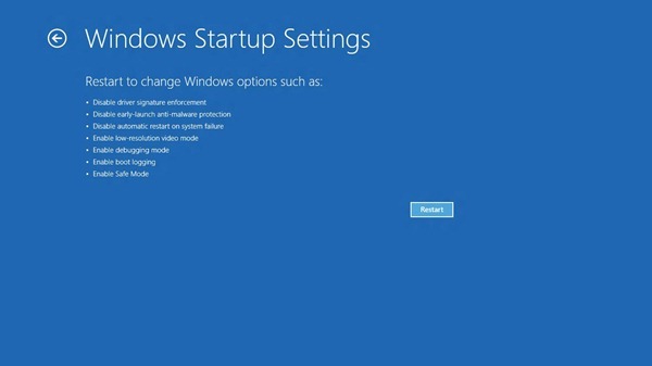 重新启动以变更 Windows 选项，例如：禁用驱动程序签名强制执行、禁用启动早期防恶意软件保护、禁用系统失败后自动重新启动、启用低分辨率视频模式、启用调试模式、启用启动记录、启用安全模式