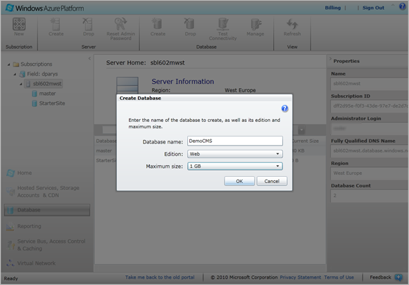 sql azure create database dialog