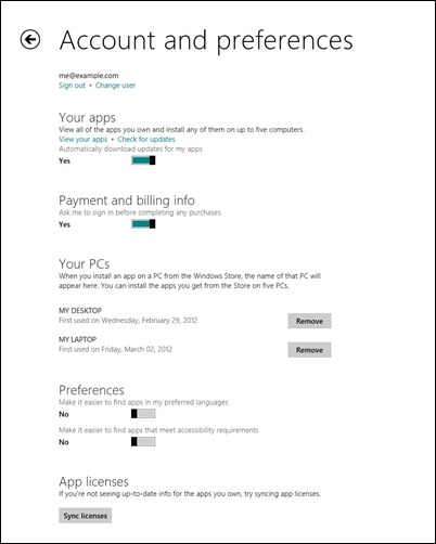 Account and preferences page includes settings for Your apps, payment and billing info, Your PCs, Preferences, and App licences