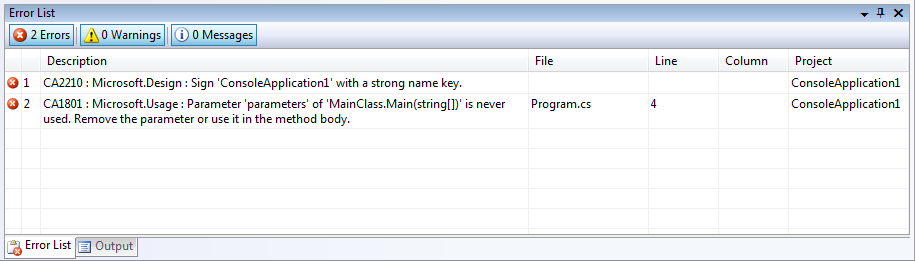 Error List with Code Analysis errors