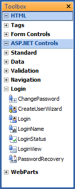 Login controls in Toolbox Task Pane