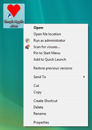 Context menu of non-advertised shortcut