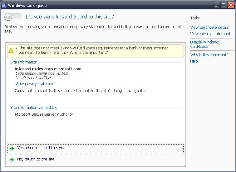 .NET Framework 3.0 - CardSpace - Site Information Page - SSL