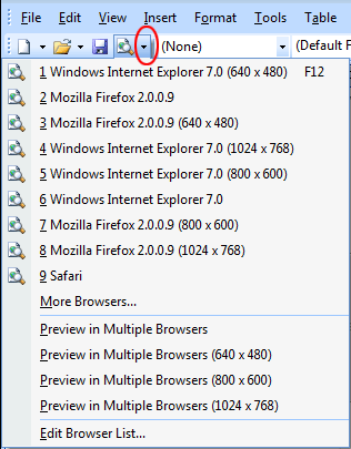 drop down menu of Preview in Browser button