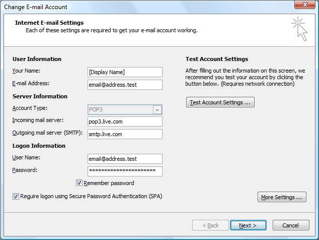 Internet E-mail Settings