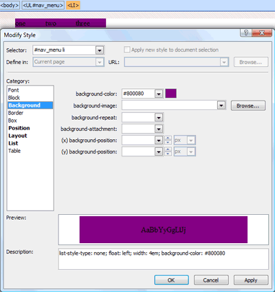 Background category in New Style dialog box