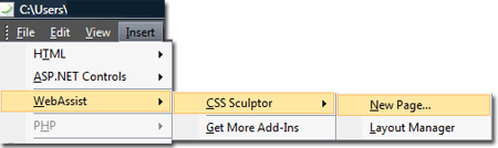 Insert menu with WebAssist submenu in Expression Web 2 BETA