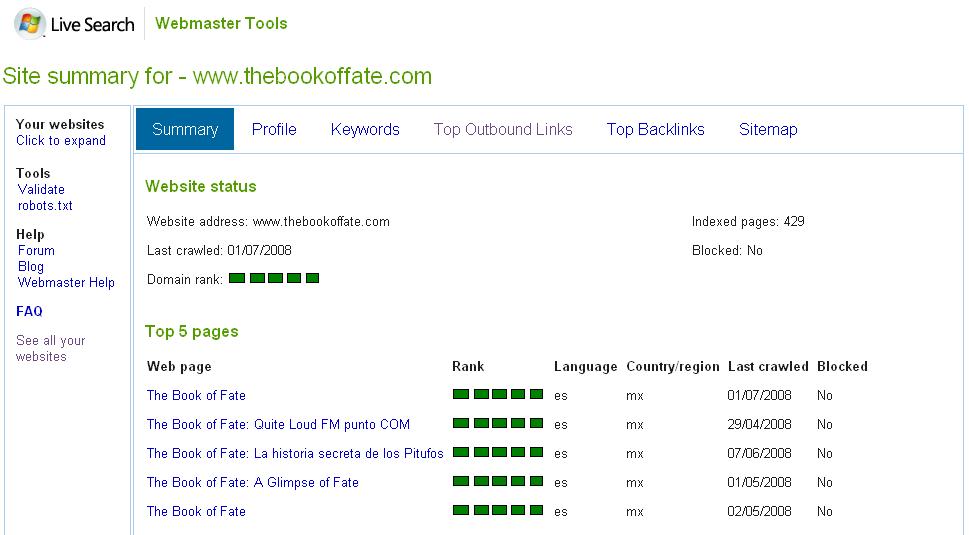 Ejemplo de un sitio en el Webmaster Center de Windows Live