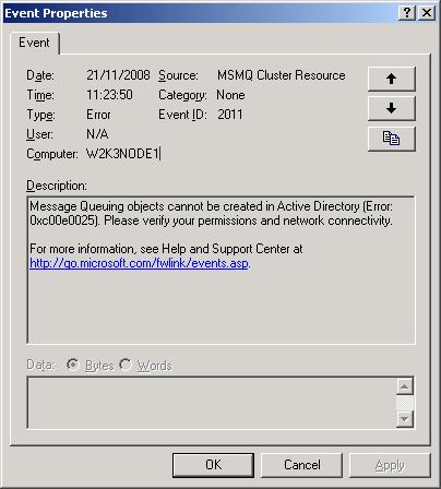 Message Queuing objects cannot be created in Active Directory (Error: 0xC00E0025). Please verify your permissions and network connectivity.