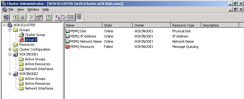 Cluster Administrator showing MSMQ Resource in a failed state