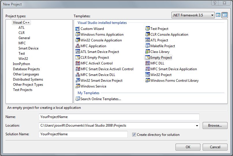 Visual Studio Empty Project Dialog