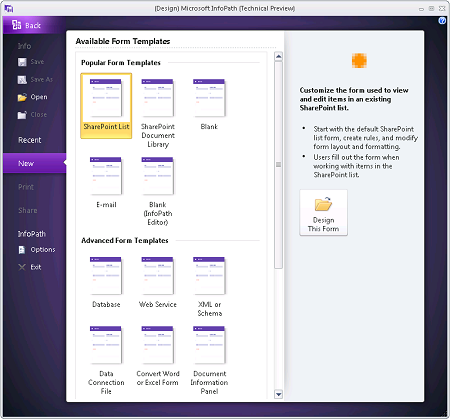 InfoPath 2010 Designer New Tab