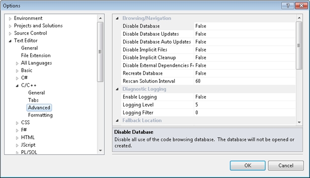 IntelliSense Options Window