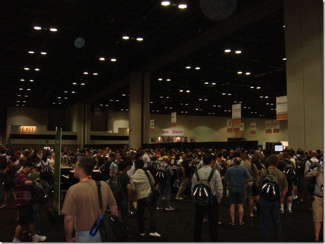 Lots of people waiting to go into the partner pavilion