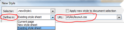 Define In drop down menu in New Style dialog box